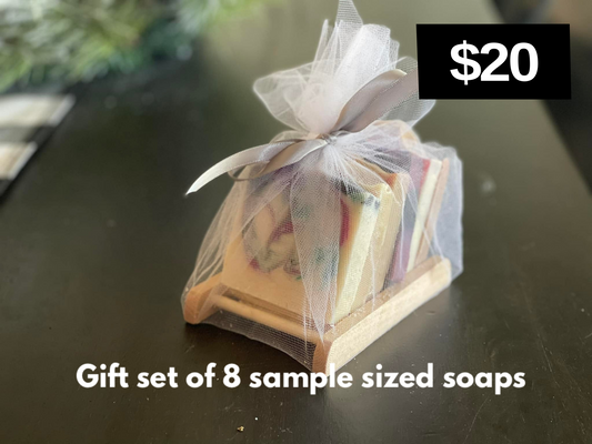 Gift set of 8 sample sized soaps with a soap dish